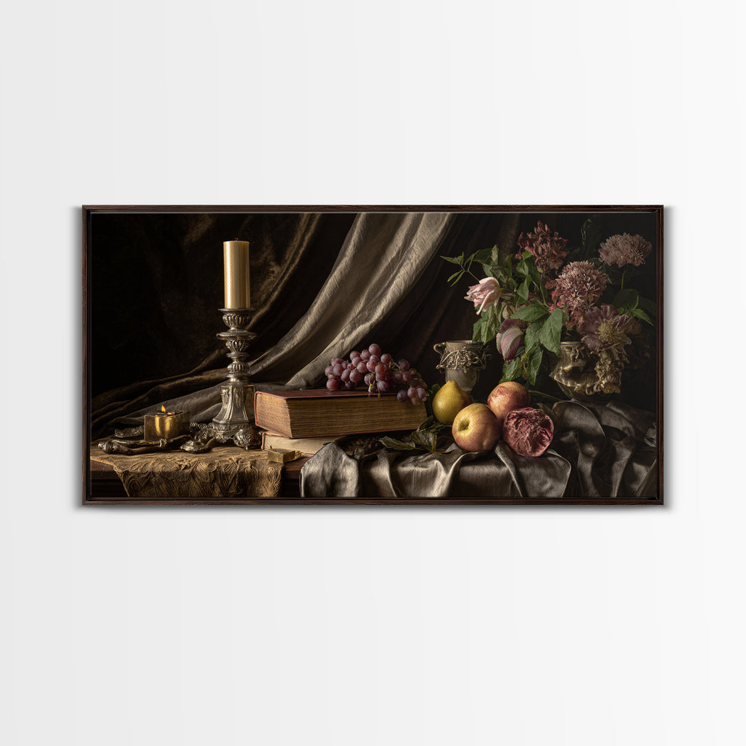 Still Life of Books Candle and Fruit Canvas Print, Traditional Art, Digital Art, Living Room Decor, Fine Art, Classic, TRA-2x1-64