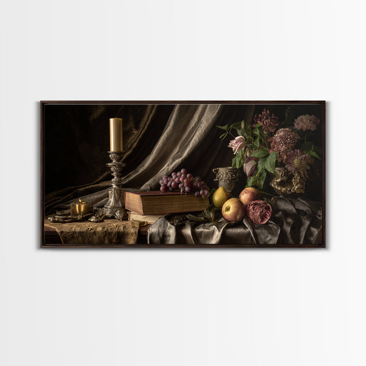 Still Life of Books Candle and Fruit Canvas Print, Traditional Art, Digital Art, Living Room Decor, Fine Art, Classic, TRA-2x1-64