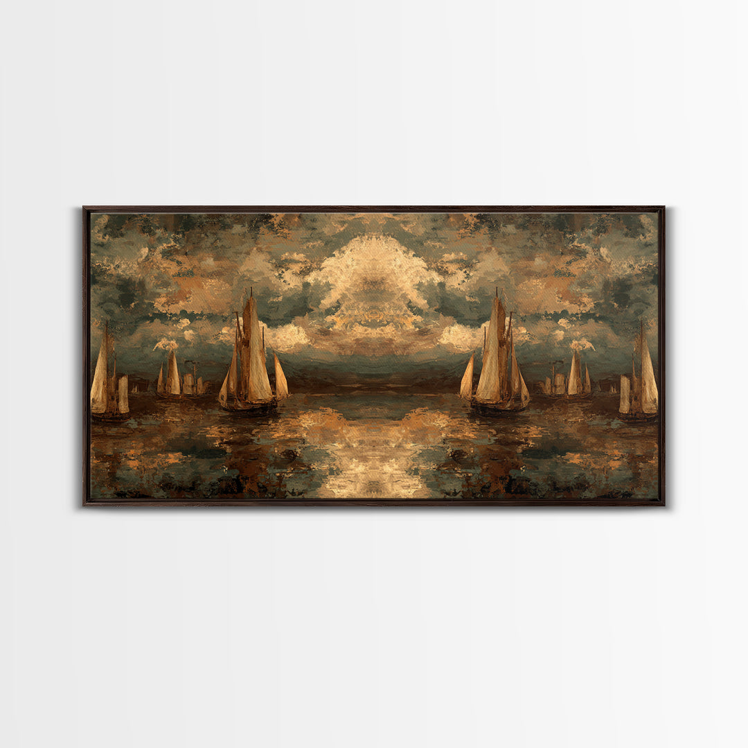 Seascape with Sailboats and Cloudy Sky Canvas Print, Traditional Art, Original Art, Living Room Decor, Fine Art, Classic, TRA-2x1-73