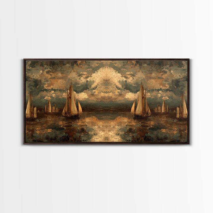 Seascape with Sailboats and Cloudy Sky Canvas Print, Traditional Art, Original Art, Living Room Decor, Fine Art, Classic, TRA-2x1-73