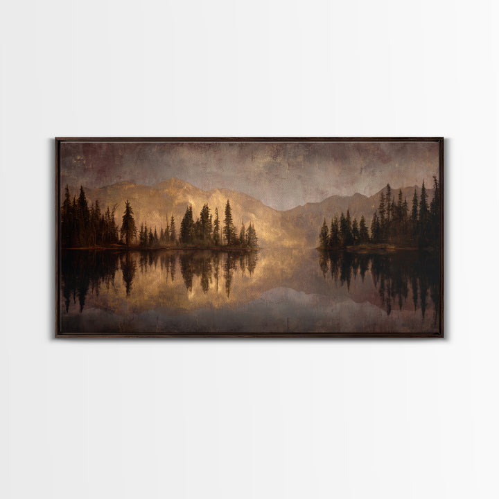 Mountain Lake with Pine Forest Reflection Canvas Print, Traditional Art, Digital Print, Living Room Decor, Fine Art, Classic, TRA-2x1-77