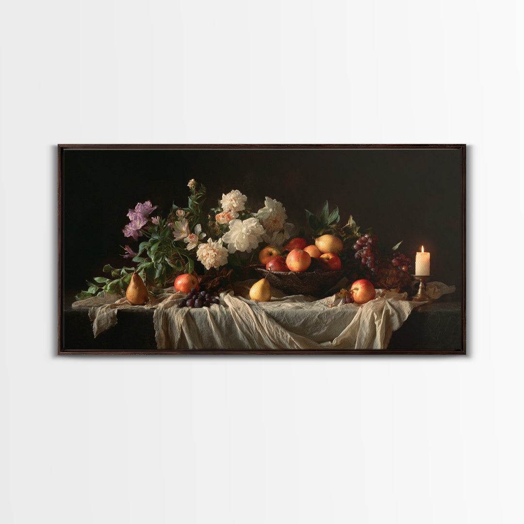 Basket of Apples and Pears on Linen Framed Canvas Print, Traditional Art, Decor, Living Room Decor, Abstract Art, Classic, TRA-2x1-86