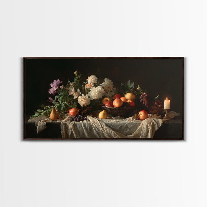 Basket of Apples and Pears on Linen Framed Canvas Print, Traditional Art, Decor, Living Room Decor, Abstract Art, Classic, TRA-2x1-86