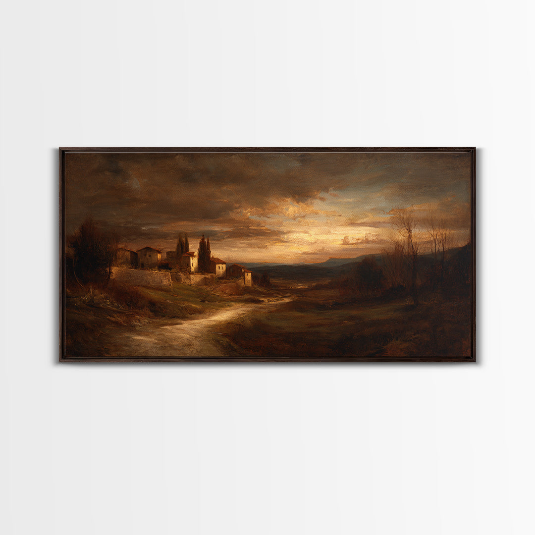 Snowy Village Landscape at Twilight Framed Canvas Print, Traditional Art, Japanese Decor, Living Room Decor, Fine Art, Classic, TRA-2x1-87