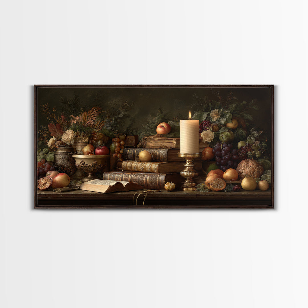 Still Life of Books Candle and Fruit Framed Canvas Print, Traditional Art, Original Art, Living Room Decor, Fine Art, Classic, TRA-2x1-88