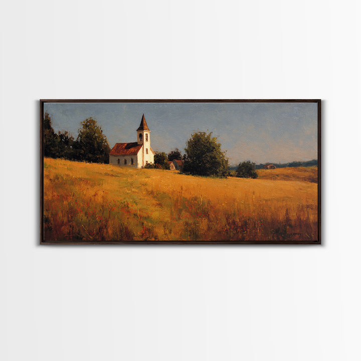 Church Steeple Across Rural Meadow Framed Canvas Print, Traditional Art, Wall Decor, Living Room Decor, Fine Art, Classic, TRA-2x1-9