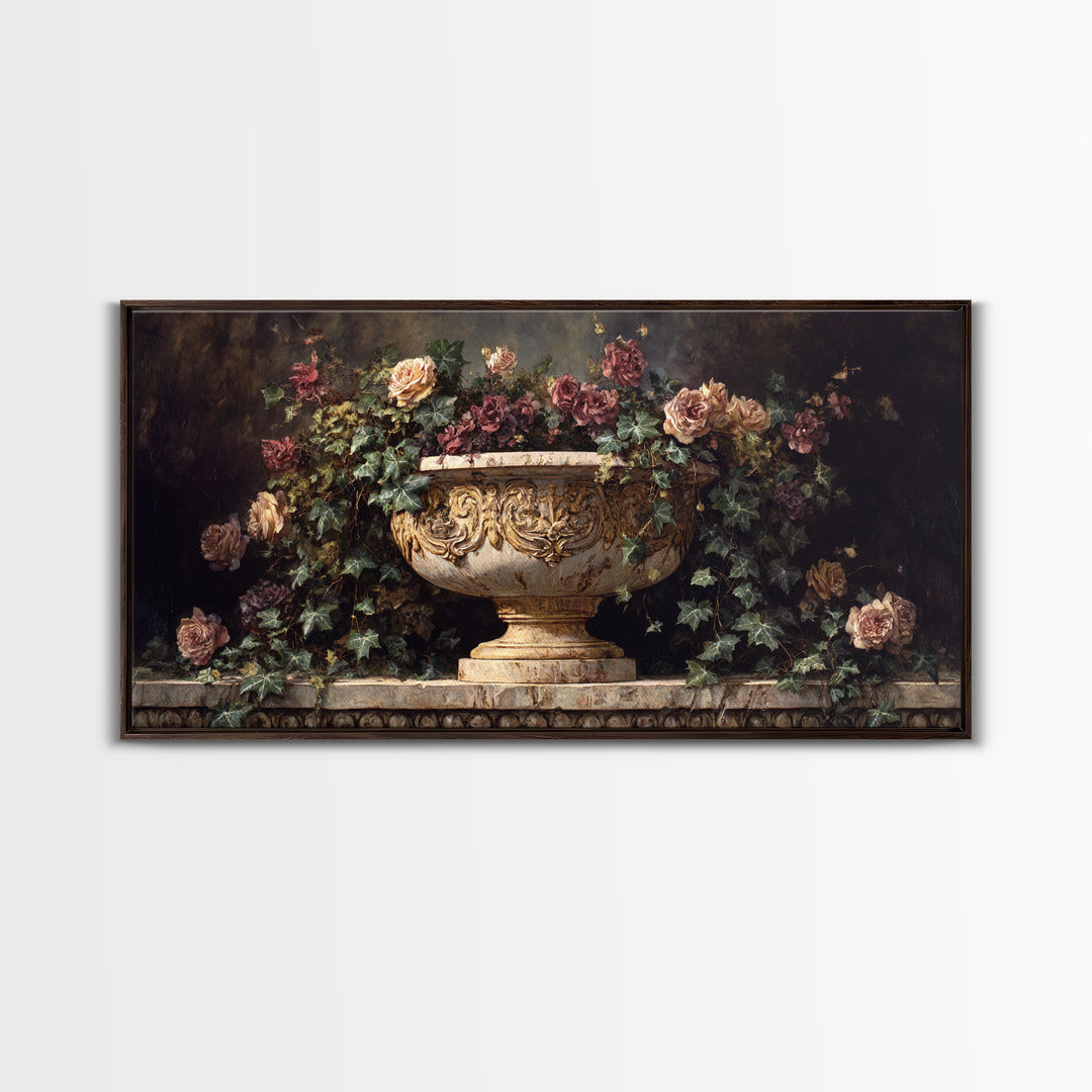 Garden Urn with Roses and Ivy Framed Canvas Print, Traditional Art, Digital Print, Living Room Decor, Watercolor Art, Classic, TRA-2x1-92