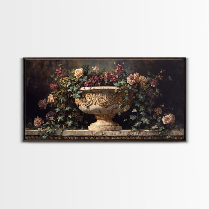 Garden Urn with Roses and Ivy Framed Canvas Print, Traditional Art, Digital Print, Living Room Decor, Watercolor Art, Classic, TRA-2x1-92