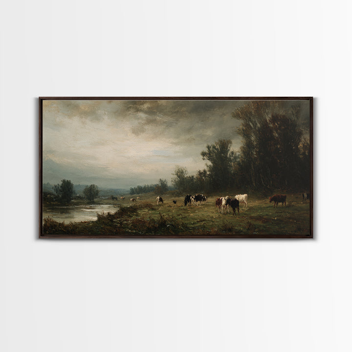 Pastoral Countryside with Cows in Field Framed Canvas Print, Traditional Art, Japanese Art, Living Room Decor, Classic, TRA-2x1-99