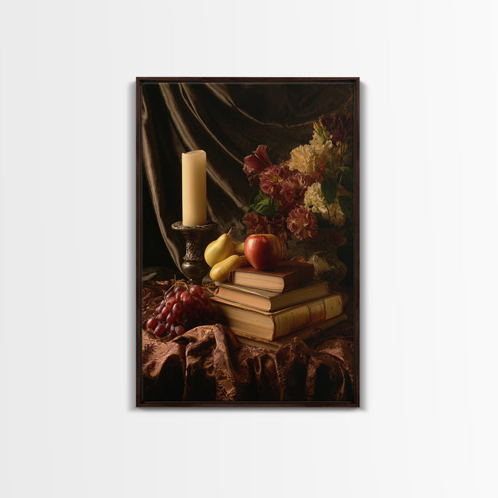 Still Life of Books Candle and Fruit Framed Canvas Print, Traditional Art, Painting, Living Room Decor, Fine Art, Classic, TRA-2x3-100