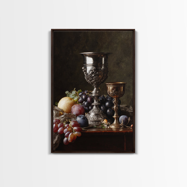 Dutch Fruit and Silver Goblet Still Life Framed Canvas Print, Traditional Art, Living Room Decor, Oil Painting, Classic, TRA-2x3-12