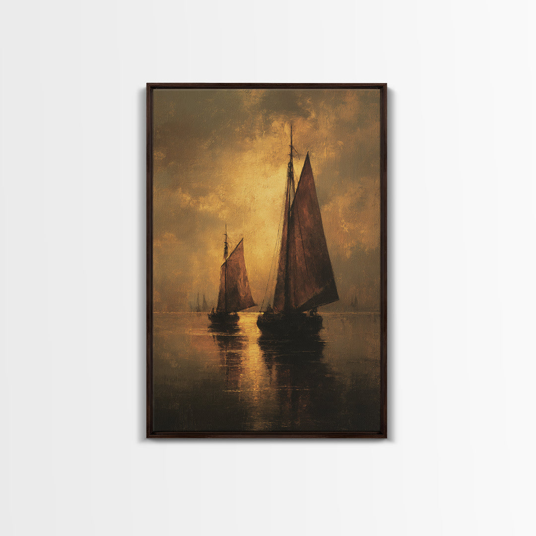 Seascape with Sailboats and Cloudy Sky Framed Canvas Print, Traditional Art, Boho, Living Room Decor, Fine Art, Classic, TRA-2x3-13