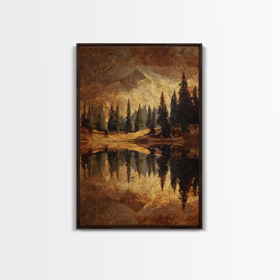 Mountain Lake with Pine Forest Reflection Framed Canvas Print, Traditional Art, Wall Hanging, Living Room Decor, Classic, TRA-2x3-17