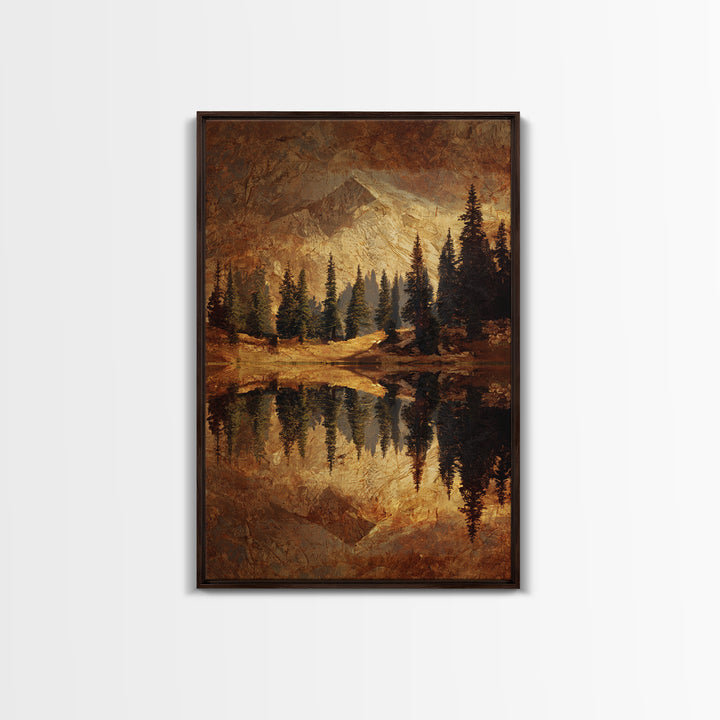 Mountain Lake with Pine Forest Reflection Framed Canvas Print, Traditional Art, Wall Hanging, Living Room Decor, Classic, TRA-2x3-17