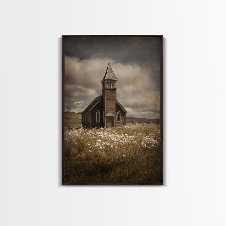 Church Steeple Across Rural Meadow Framed Canvas Print, Traditional Art, Art Print, Living Room Decor, Fine Art, Classic, TRA-2x3-21