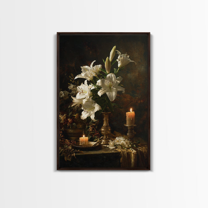 White Lilies on Dark Background Canvas Print, Traditional Art, Decor, Living Room Decor, Fine Art, Classic, Japanese Art, TRA-2x3-23