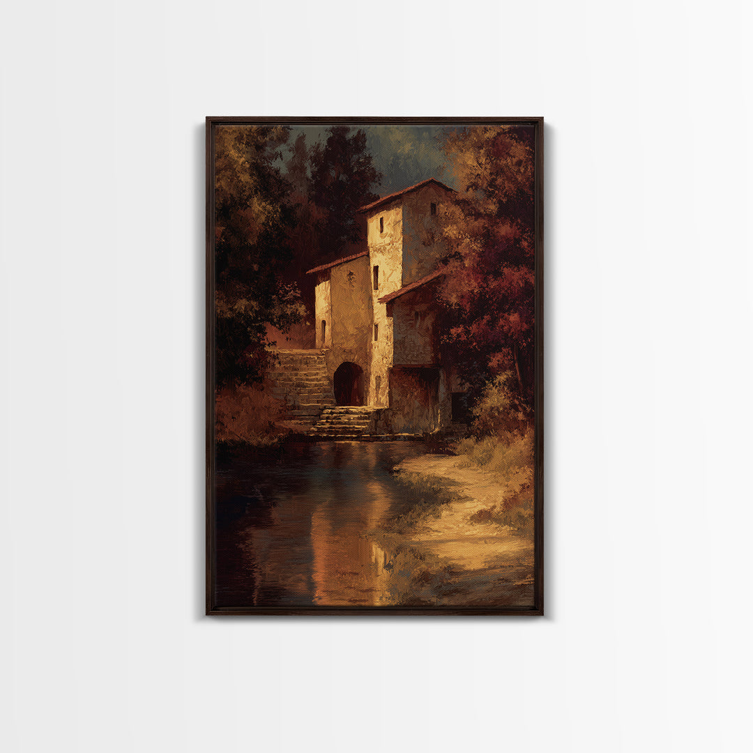 Watermill Beside a Quiet Stream Framed Canvas Print, Traditional Art, Digital Art, Living Room Decor, Fine Art, Classic, TRA-2x3-25