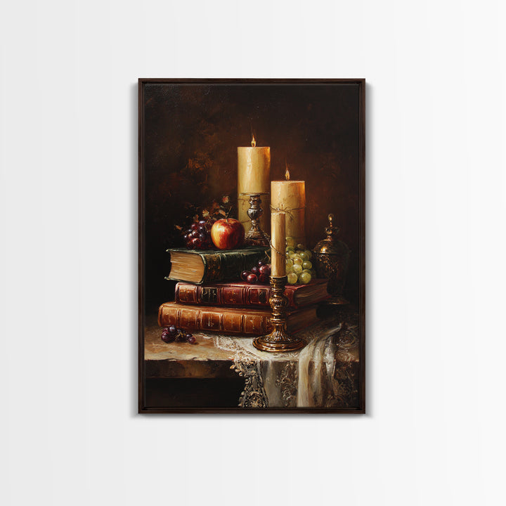 Still Life of Books Candle and Fruit Framed Canvas Print, Traditional Art, Watercolor Art, Living Room Decor, Fine Art, Classic, TRA-2x3-28