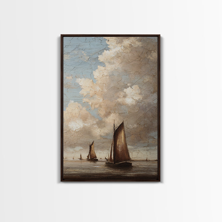 Seascape with Sailboats and Cloudy Sky Framed Canvas Print, Traditional Art, Boho, Living Room Decor, Fine Art, Classic, TRA-2x3-37