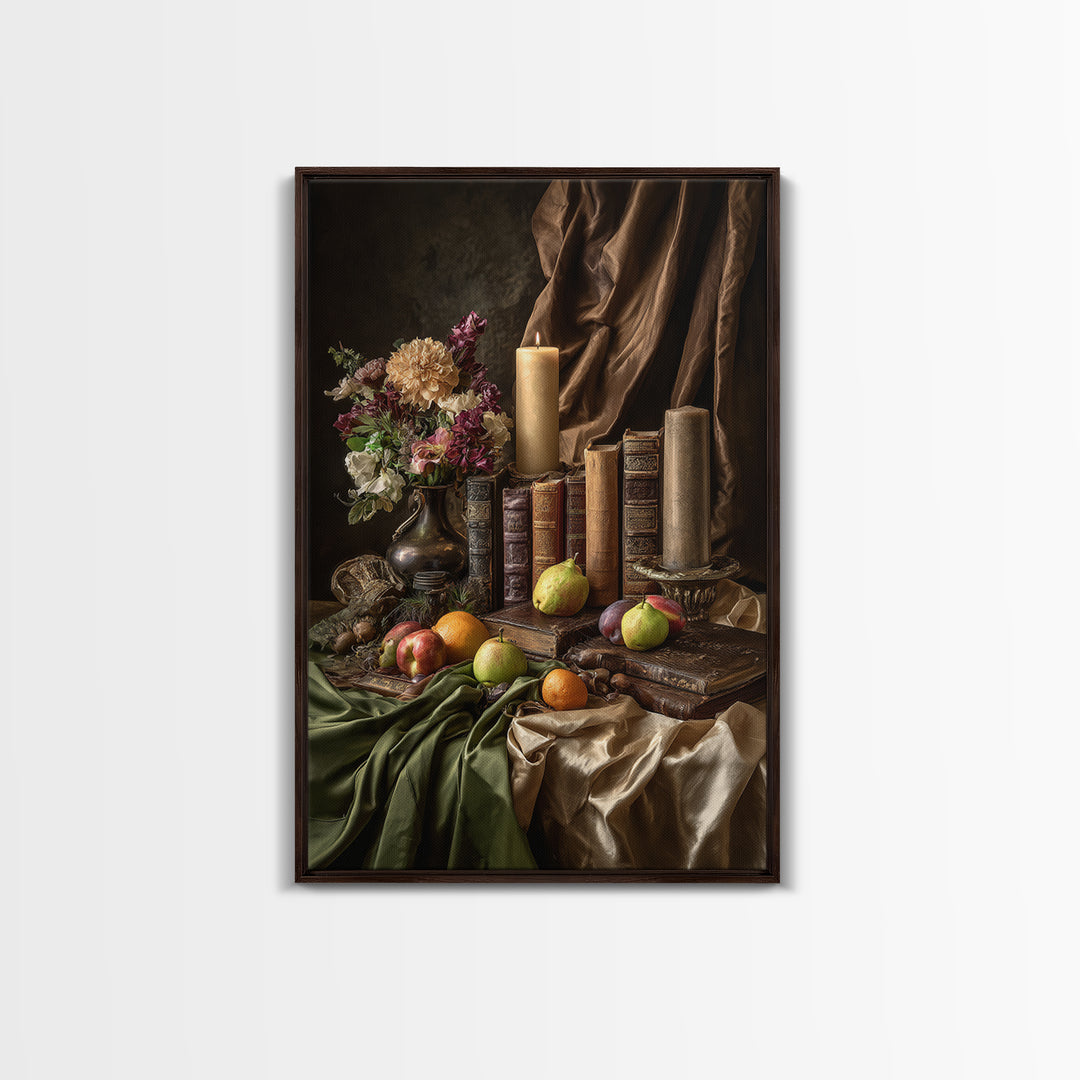 Still Life of Books Candle and Fruit Framed Canvas Print, Traditional Art, Contemporary Art, Living Room Decor, Classic, TRA-2x3-4
