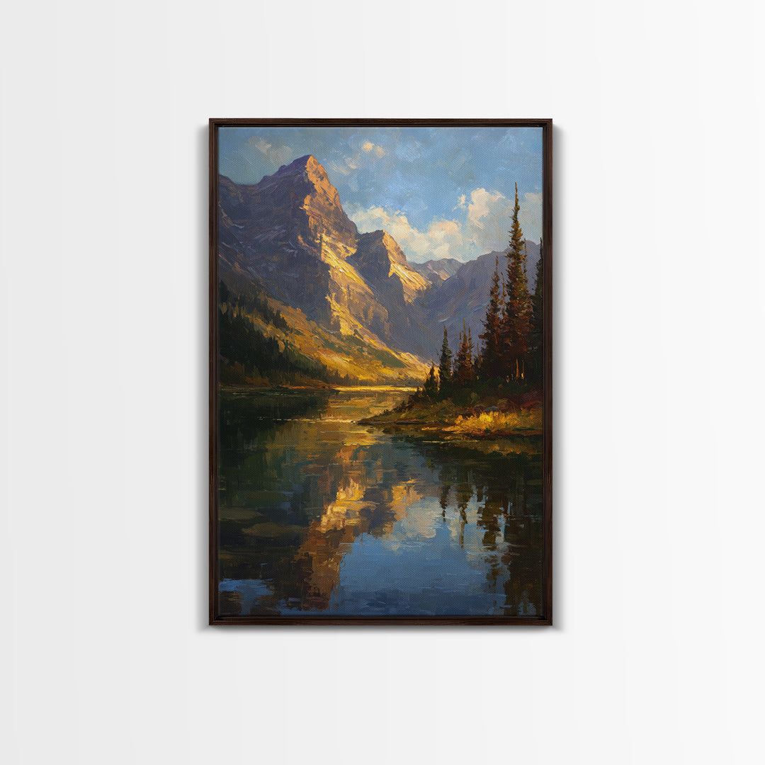Mountain Lake with Pine Forest Reflection Framed Canvas Print, Traditional Art, Wall Hanging, Living Room Decor, Classic, TRA-2x3-41