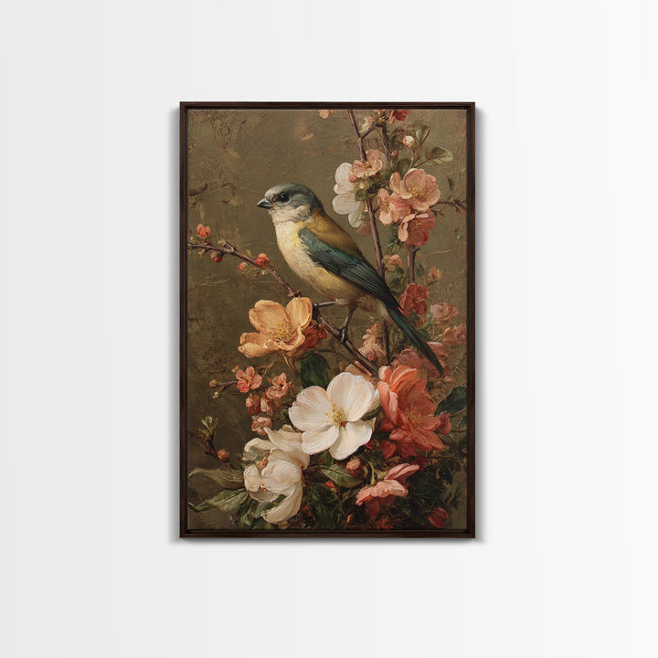 Bird Study on a Flowering Branch Framed Canvas Print, Traditional Art, Home Decor, Living Room Decor, Fine Art, Classic, TRA-2x3-42
