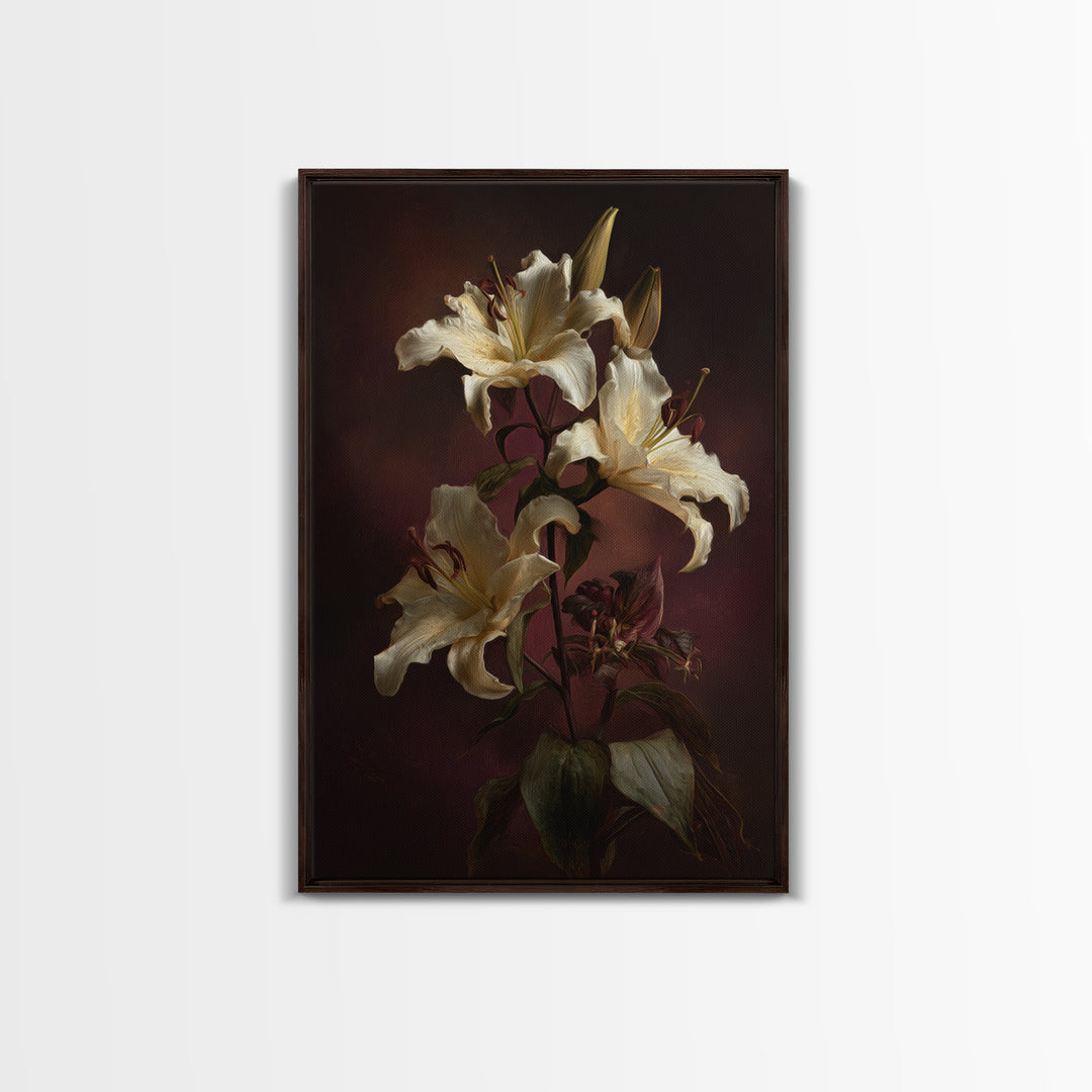 White Lilies on Dark Background Framed Canvas Print, Traditional Art, Wall Hanging, Living Room Decor, Abstract Art, Classic, TRA-2x3-47