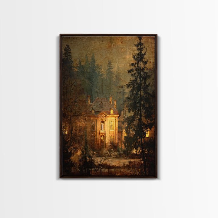 Snowy Village Landscape at Twilight Framed Canvas Print, Traditional Art, Art Print, Living Room Decor, Fine Art, Classic, TRA-2x3-51