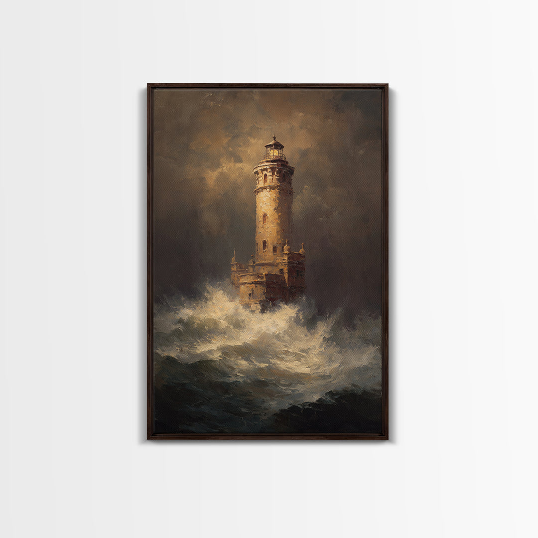 Lighthouse with Crashing Waves Framed Canvas Print, Traditional Art, Digital Print, Living Room Decor, Oil Painting, Classic, TRA-2x3-53