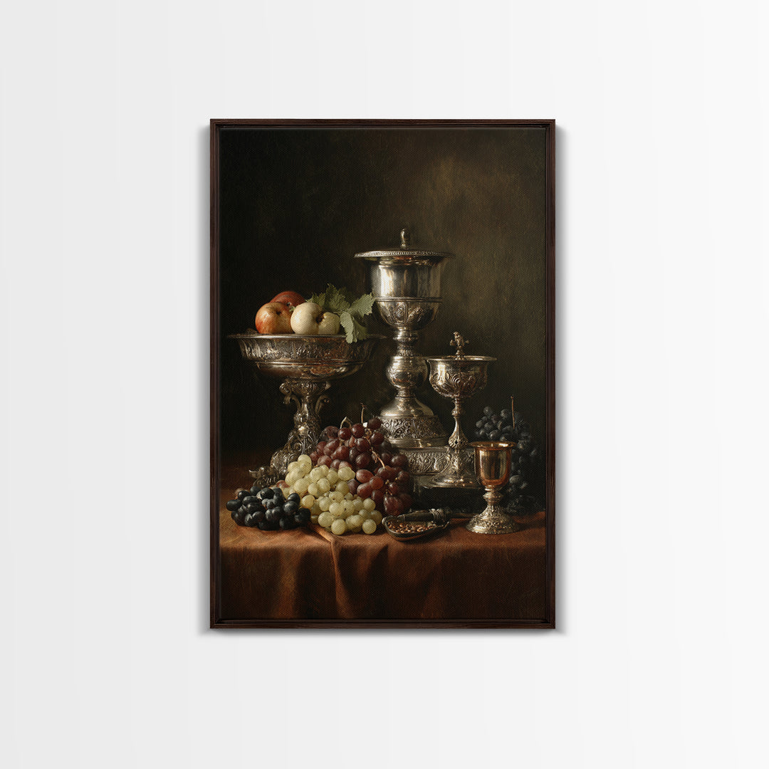 Dutch Fruit and Silver Goblet Still Life Framed Canvas Print, Traditional Art, Art Commission, Living Room Decor, Classic, TRA-2x3-60