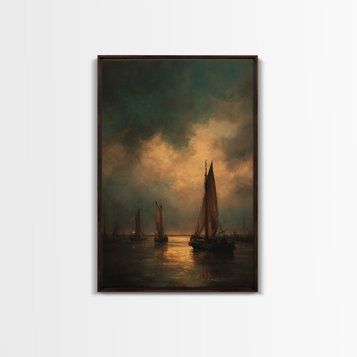 Seascape with Sailboats and Cloudy Sky Canvas Print, Traditional Art, Living Room Decor, Fine Art, Classic, Dark Art, TRA-2x3-61