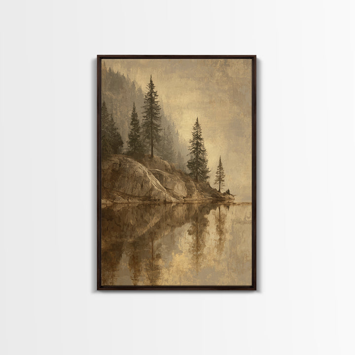 Mountain Lake with Pine Forest Reflection Canvas Print, Traditional Art, Art Commissions, Living Room Decor, Oil Painting, TRA-2x3-65