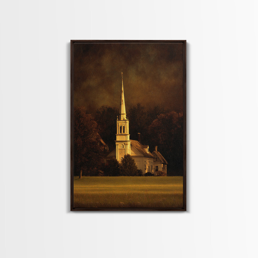 Church Steeple Across Rural Meadow Framed Canvas Print, Traditional Art, Japanese Art, Living Room Decor, Fine Art, Classic, TRA-2x3-69