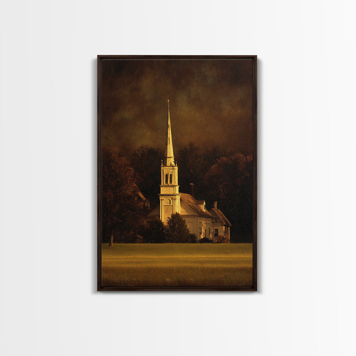 Church Steeple Across Rural Meadow Framed Canvas Print, Traditional Art, Japanese Art, Living Room Decor, Fine Art, Classic, TRA-2x3-69