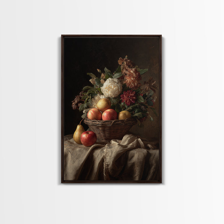 Basket of Apples and Pears on Linen Framed Canvas Print, Traditional Art, Canvas, Living Room Decor, Abstract Art, Classic, TRA-2x3-74