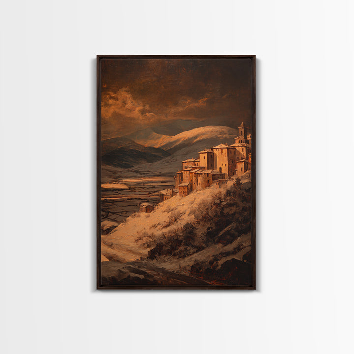 Snowy Village Landscape at Twilight Framed Canvas Print, Traditional Art, Japanese Art, Living Room Decor, Fine Art, Classic, TRA-2x3-75