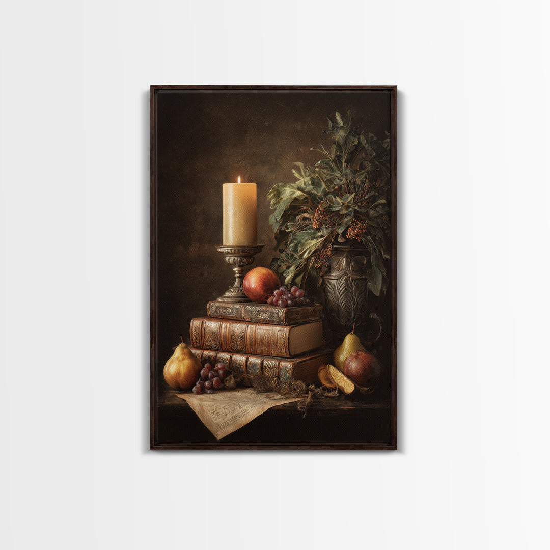 Still Life of Books Candle and Fruit Framed Canvas Print, Traditional Art, Indian Decor, Living Room Decor, Fine Art, Classic, TRA-2x3-76