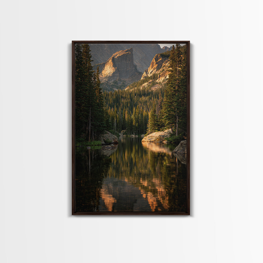 Mountain Lake with Pine Forest Reflection Framed Canvas Print, Traditional Art, Indian Wall Art, Living Room Decor, Classic, TRA-2x3-89