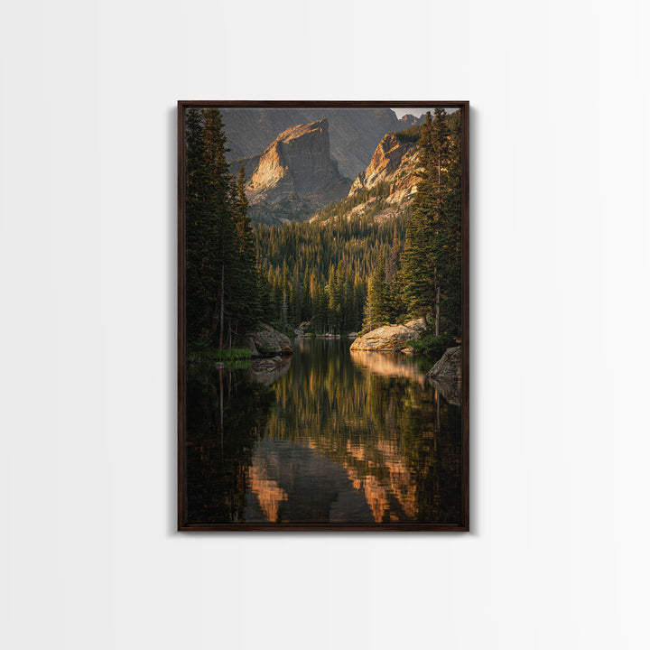 Mountain Lake with Pine Forest Reflection Framed Canvas Print, Traditional Art, Indian Wall Art, Living Room Decor, Classic, TRA-2x3-89