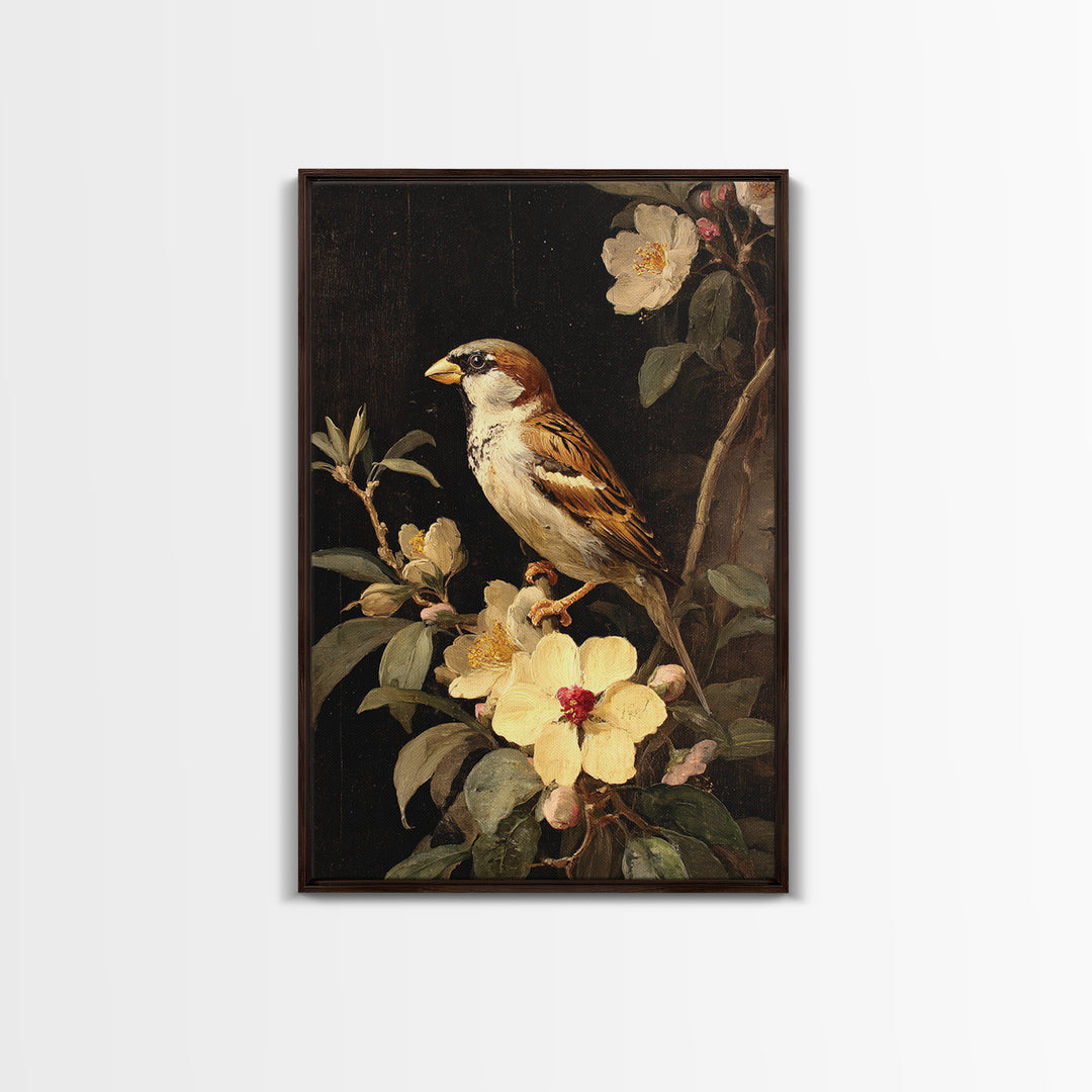 Bird Study on a Flowering Branch Framed Canvas Print, Traditional Art, Artwork, Living Room Decor, Oil Painting, Classic, TRA-2x3-90