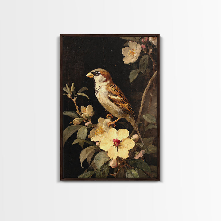 Bird Study on a Flowering Branch Framed Canvas Print, Traditional Art, Artwork, Living Room Decor, Oil Painting, Classic, TRA-2x3-90