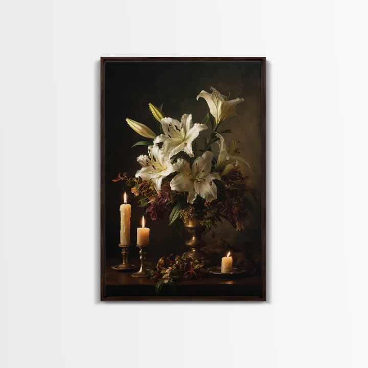 White Lilies on Dark Background Canvas Print, Traditional Art, Dark Art, Living Room Decor, Oil Painting, Classic, TRA-2x3-95