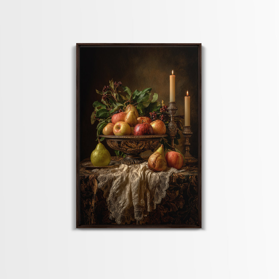 Basket of Apples and Pears on Linen Framed Canvas Print, Traditional Art, Canvas, Living Room Decor, Abstract Art, Classic, TRA-2x3-98