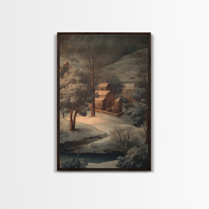 Snowy Village Landscape at Twilight Canvas Print, Traditional Art, Japanese Decor, Living Room Decor, Fine Art, Classic, TRA-2x3-99