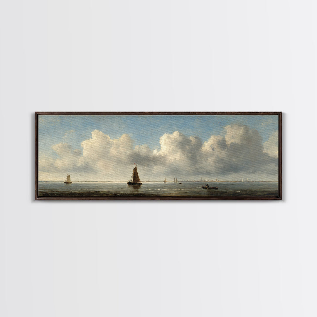 Seascape with Sailboats and Cloudy Sky Canvas Print, Traditional Art, Indian Decor, Living Room Decor, Fine Art, Classic, TRA-3x1-21