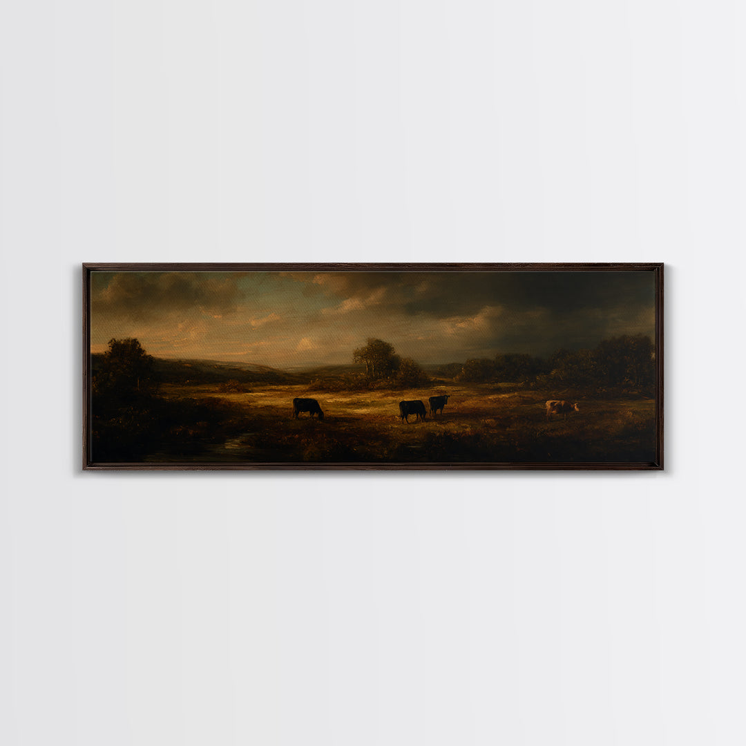 Pastoral Countryside with Cows in Field Framed Canvas Print, Traditional Art, Room Decor, Living Room Decor, Fine Art, Classic, TRA-3x1-23