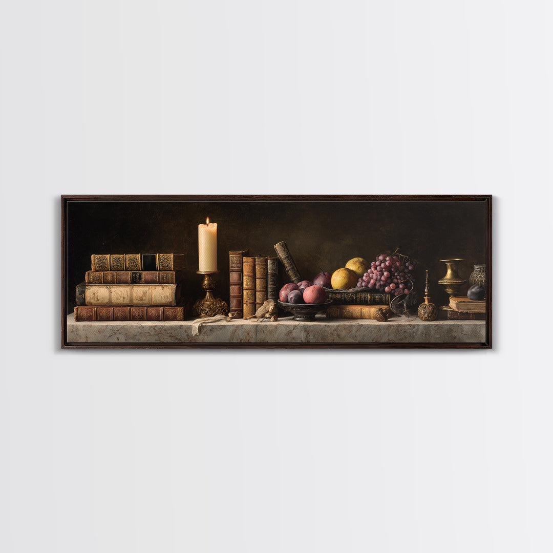 Still Life of Books Candle and Fruit Canvas Print, Traditional Art, Gallery Decor, Living Room Decor, Fine Art, Classic, TRA-3x1-36