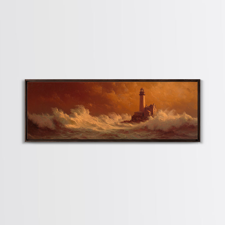 Lighthouse with Crashing Waves Framed Canvas Print, Traditional Art, Indian Wall Art, Living Room Decor, Watercolor Art, TRA-3x1-37