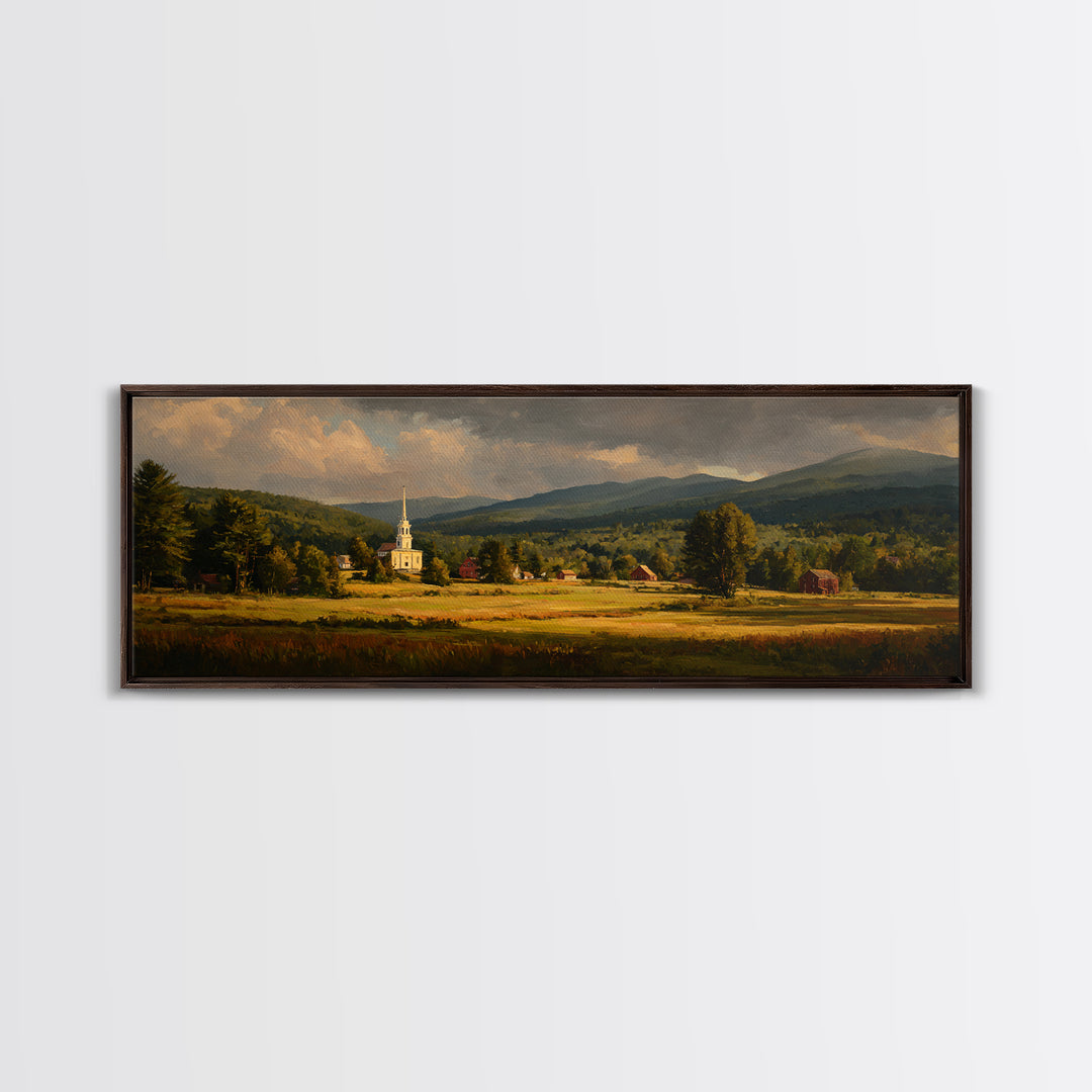 Church Steeple Across Rural Meadow Framed Canvas Print, Traditional Art, Indian Art, Living Room Decor, Oil Painting, Classic, TRA-3x1-53