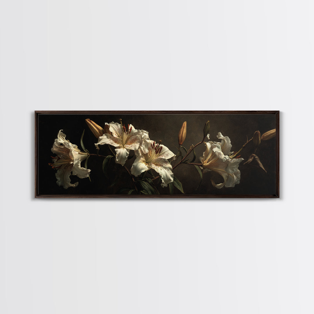 White Lilies on Dark Background Framed Canvas Print, Traditional Art, Art, Living Room Decor, Fine Art, Classic, Printable Art, TRA-3x1-55
